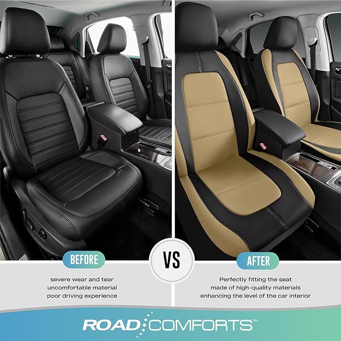 Road Comforts Car Seat Cover, Leather Car Seat Covers, Front Low Back Sport Seat Covers, Airbag Compatible, Universal Fits for Most Cars (Beige)
