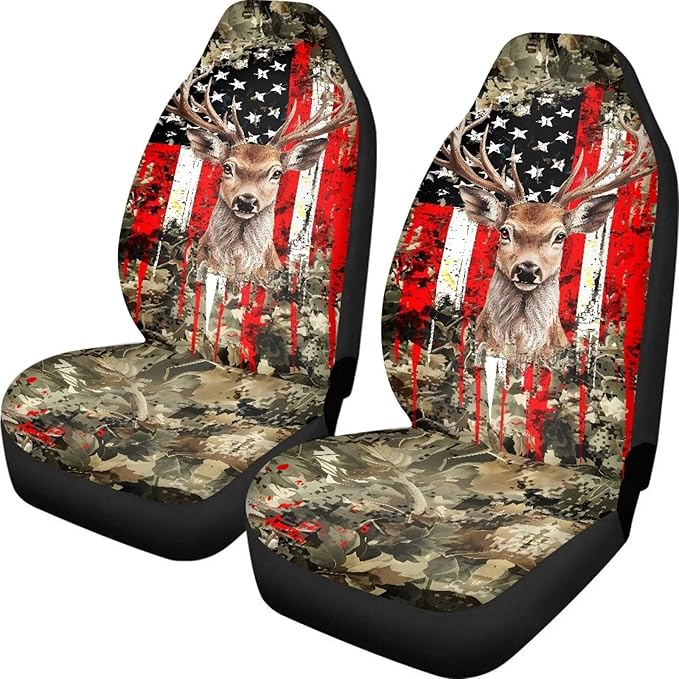 ELEQIN Deer American Flag Front Car Seat Covers 2pc, Sunflower Automotive Seat Covers Car Accessories Universal Size Fit for Most Cars,SUVs&Trucks&Vans