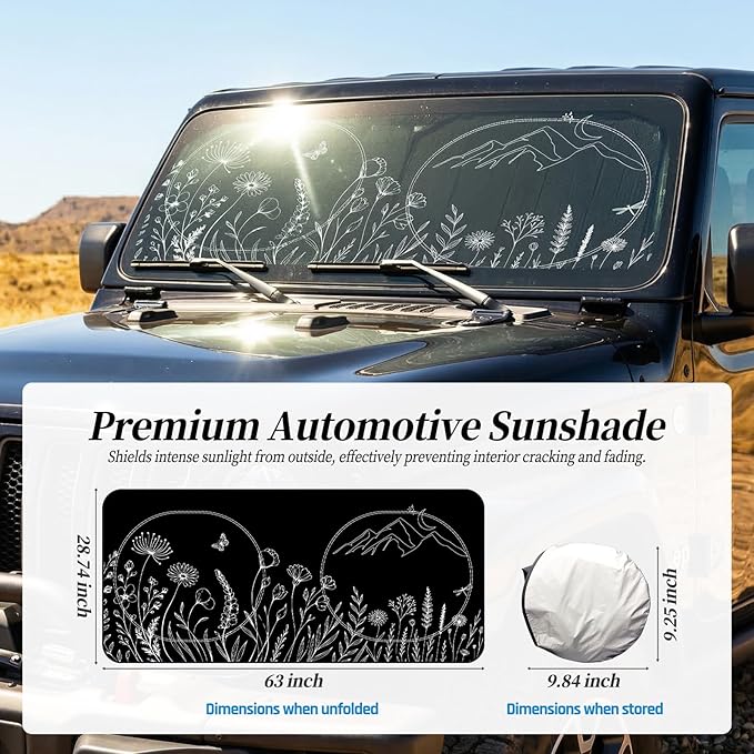 63"x28.5" Car Windshield Sun Shade with Storage Pouch, Stylish Printed Front Window Sunshade with Double Ring Frame, Universal Fit Foldable Heat Blocker & UV Protector for SUV, Sedan (Line Plants)