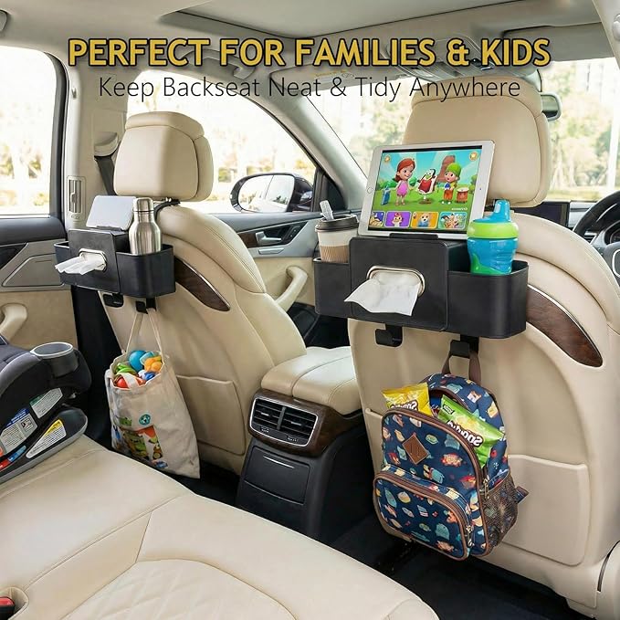 Backseat Car Organizer, 4 in 1 Multifunctional Car Back Seat Storage Organizer with Tissue Box, 2 Cup Holders, Phone Stand and Hooks, Automotive Seat Back Organizers (Black)
