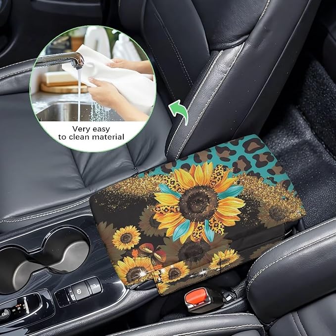 Wanyint Sunflower Leopard Print Blue Car Center Console Cover Comfortable Armrest Seat Box Pad with Organizer Pockets Anti-Scratch Arm Rest Pad Suitable for Most Cars, Vehicles, SUVs