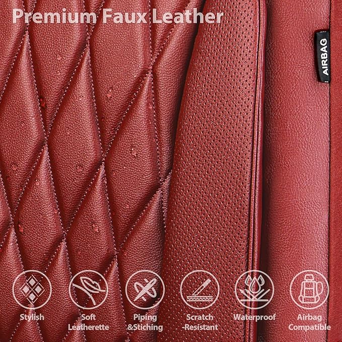 CAR PASS Piping Luxury Faux PU Leather Two Front Car Seat Covers, Waterproof Anti Slip Premium Automotive Seat Covers,Universal Fit for Suvs,Vans,Trucks, Armrest Airbag Compatible, Burgundy Red