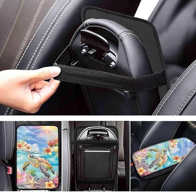 Suobstales Turtle Starfish Hibiscus Plumeria Print Car Armrest Pad Soft Center Console Arm Rest Protector Cover Universal Car Interior Accessories Decoration