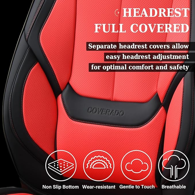 Coverado Seat Covers, Car Seat Covers Front Seats, Car Seat Cover, Car Seat Protector Waterproof, Car Seat Cushion Nappa Leather, BlackRed Seat Covers Carseat Cover Universal Fit for Most Cars