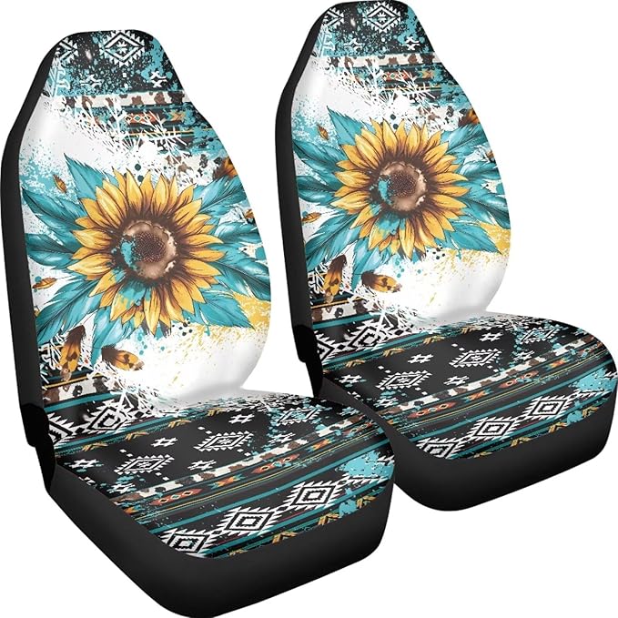 Vatenge Aztec Sunflowers Print Car Seat Cover Front Seats Only Full Set of 2, Universal Bucket High Back Car Front Seat Covers