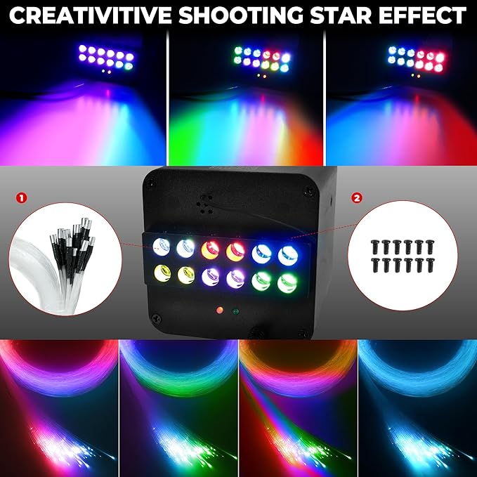 1000PCS 32W Meteor Starlight Headliner Kit,4 Light Colors Twinkle Fiber Optic Star Ceiling Lights,0.03in*13.1ft/4m, App/Remote Control Rgbw Shooting Star Headliner Kit Car Roof Home Ceiling