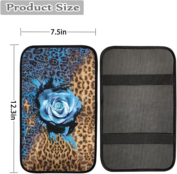 Coldinair Blue Rose Leopard Car Armrest Cover,Auto Center Console Pad,Soft Seat Cover Protector Cushion,Car Accessories Decor for Most Cars,Sedan,Truck,SUV