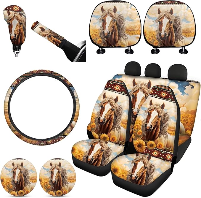 FKELYI Sunflower Horse Car Seat Covers Full Set with Headrest, Cup Coasters, Gear Shift, Handbrake, Steering Wheel Covers, Southwestern Tribal Aztec Auto Seat Accessories