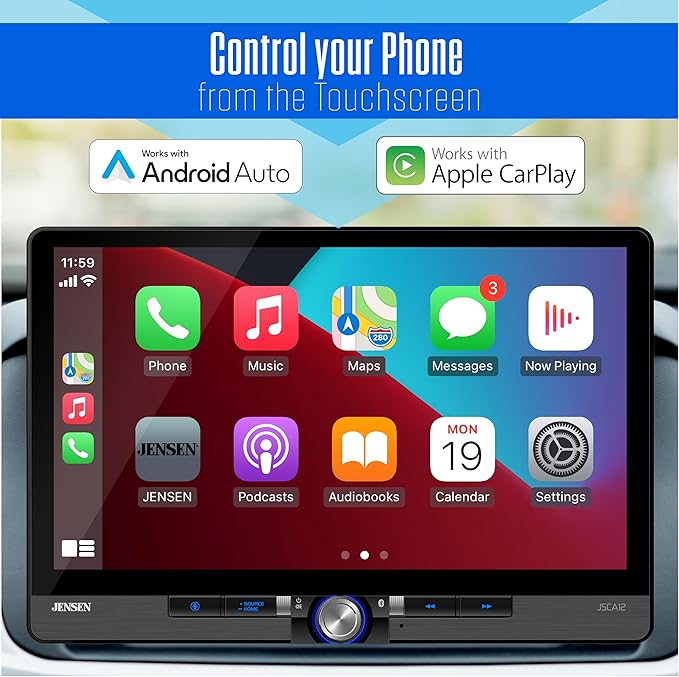JENSEN J5CA12 11.6-inch Certified Apple CarPlay Android Auto Wired or Wireless | Maestro & Metra Axxess Ready | Single & Double DIN Car Stereo | SiriusXM Ready | Bluetooth | Front & Rear Camera Inputs