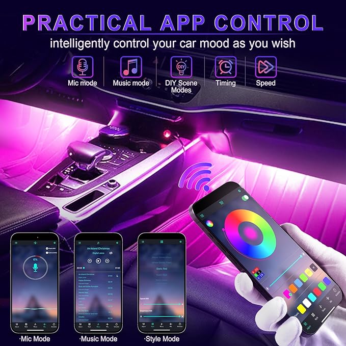 LivTee Smart Car Interior Lights, RGB LED Accent Lights with App Control, Music Mode, DIY Mode, 2-Line Design, Charger Included, Car Accessories for Women