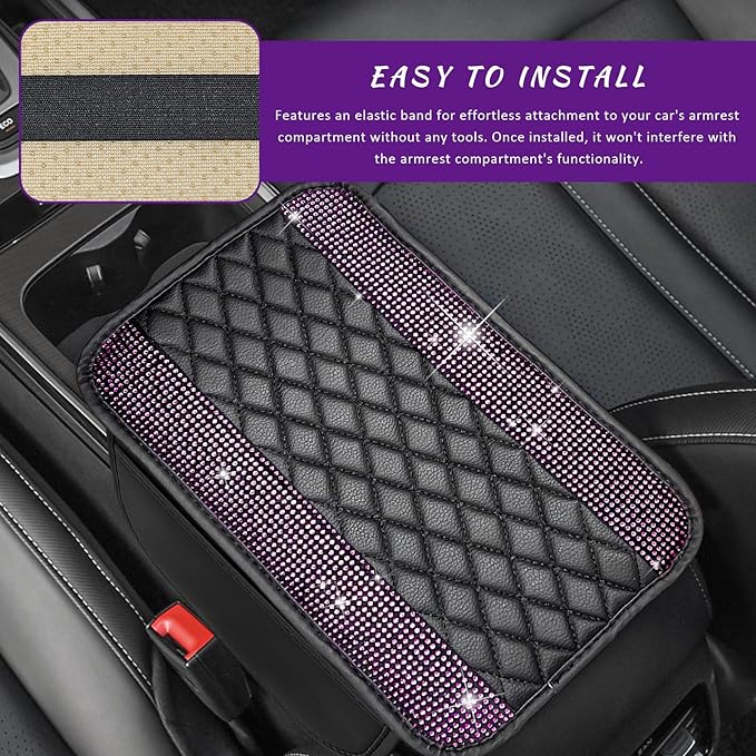Sun Walker Bling Car Center Console Cover, Anti-Scratch Car Armrest Seat Box Cushion Pad with 2 Storage Bags, Leather Middle Console Protector Crystal Interior Accessories for Most Cars (Pink)