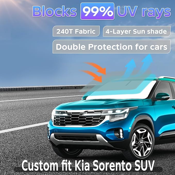 Sun Shade Sunshade for Kia Sorento 2016-2020 Windshield Cover, 4-Layers Sun Shield 250T Silver Sun Visor Foldable Front Window Shade Blocks UV Rays Car Accessories