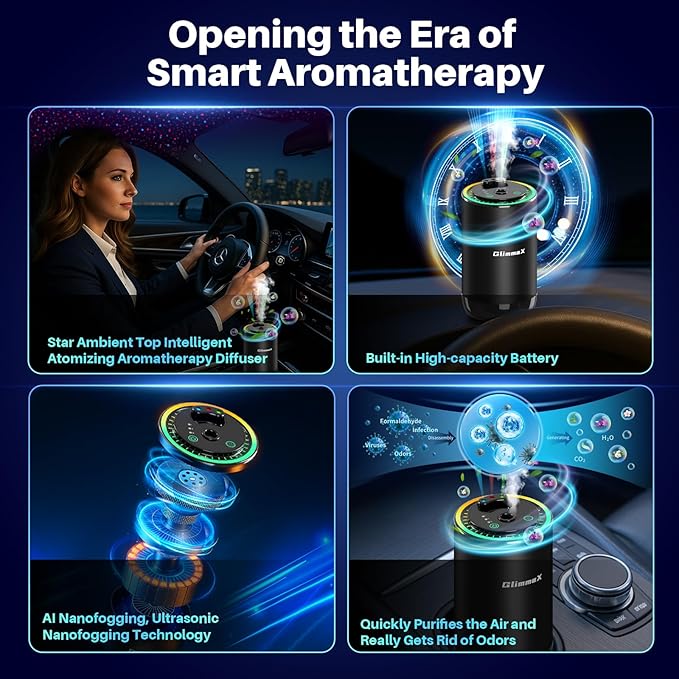 Smart Car Air Freshener Diffuser with Starry Sky Projection and 50ml Perfume, Auto On/Off Intelligent, 3 Adjustable Spray Modes Rechargeable Car Aroma Diffuser, Cologne