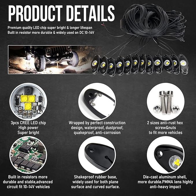 OPP ULITE White LED Rock Lights Kit, 12 Pods Underglow for Jeep Offroad Truck Car ATV SUV Boat Motorcycle Vehicle Under Body Glow Lamp Trail Fender Lighting (12pods Rock W)
