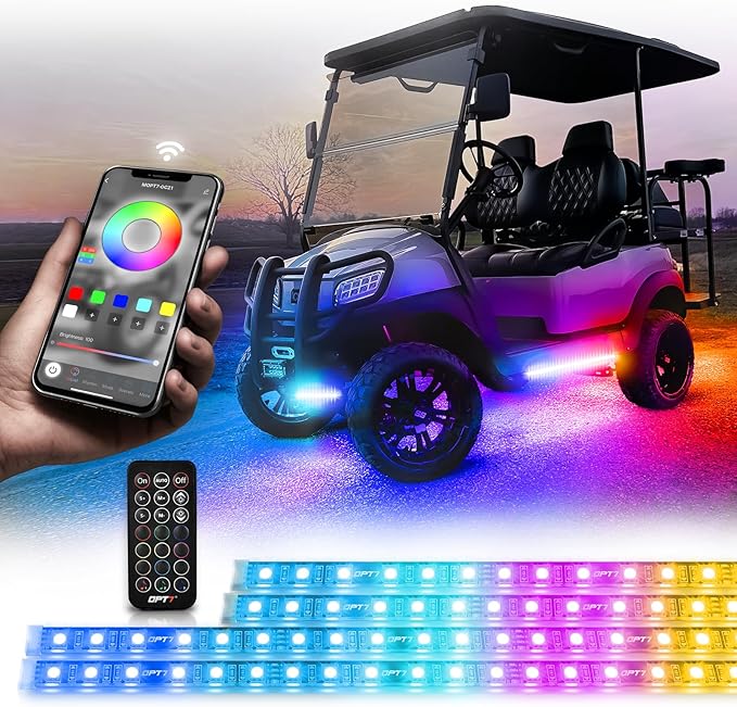 OPT7 12V Aura DreamColor Golf Cart Underglow LED Light Kit with App & Remote, 4PC Waterproof Multicolor Light Strips, Music Neon Accent Chasing Lighting for EZGO Yamaha Club Car, Outdoor Gifts
