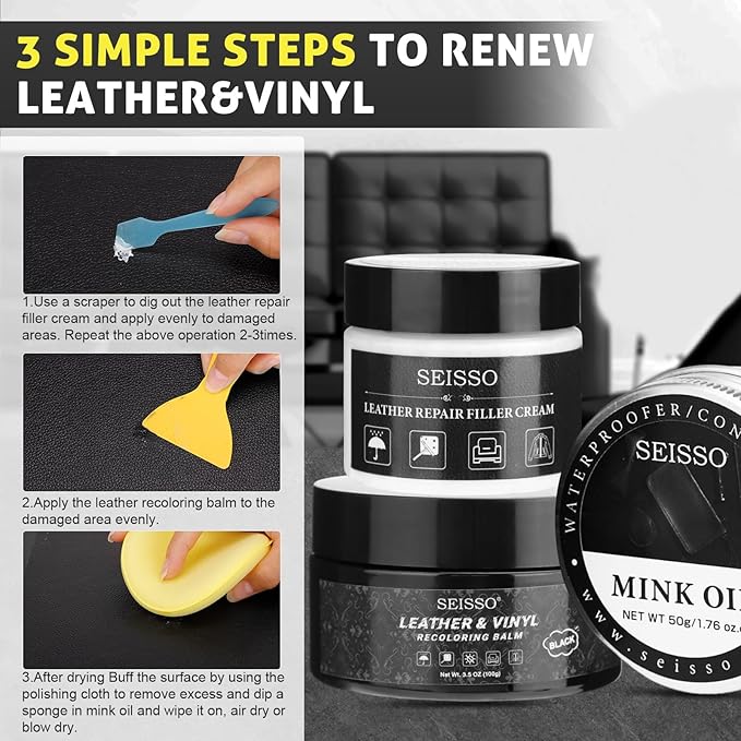 SEISSO Leather Repair Kit for Furniture, Black Vinyl Repair Kit with Mink Oil, Car Interior Leather Recoloring Balm for Scratches, Fading Shoes, Car Seat, Sofa