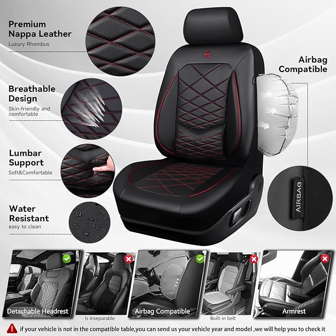 CAR PASS Luxury Nappa Leather Seat Covers Full Set, Water Resistant Faux Leather Seat Cover with Lumbar Support, Breathable Automotive Seat Covers Universal Fit for Sedan SUV Van Truck, Black Red