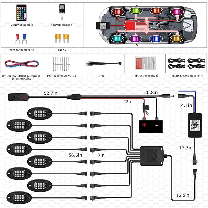8 Pods Segmented RGB LED Rock Lights for Trucks Golf Cart Offroad Pickup SUV UTV, 12V Waterproof Underglow Lights Kit with APP/RF Multi Zone Control, Neon Multicolor Underbody Light with Brake