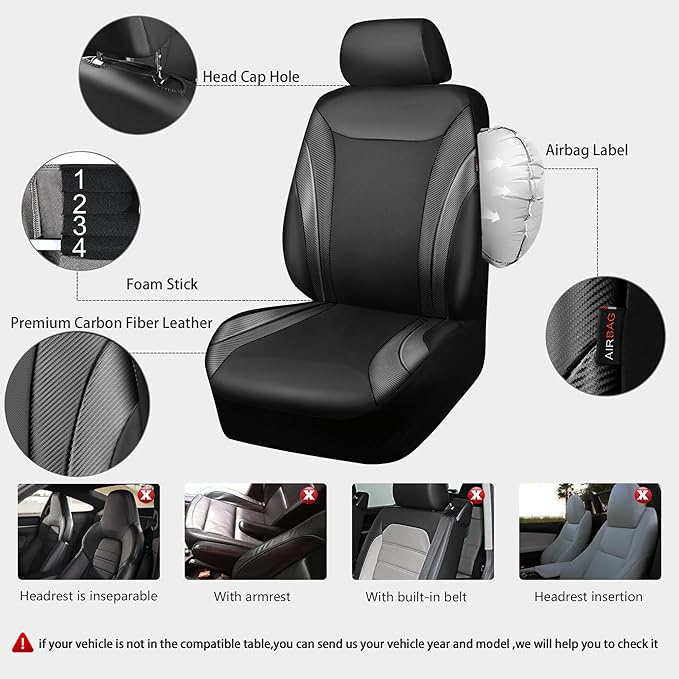 CAR PASS Premium Carbon Fiber Leather Car Seat Covers Full Set,Airbag Compatible,5mm Composite Sponge Inside,Sporty Universal Fit for SUV,Van,Sedan,Truck (Full Set,Black)