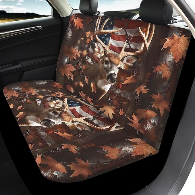 KEIAHUAN American Flag Deer Car Seat Covers for SUV/Sedan/Truck/Van Universal Fit Front and Rear Split Bench Seat Cover Set Soft and Stretchy Auto Interior Accessories Decoration