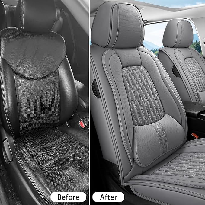 WELLDO Car Seat Covers Full Set, Leather Seat Covers for Car, Waterproof Car Seat Protector with Lumbar Support, Automotive Seat Covers Universal Fit for Most Cars SUV Truck, Gray,w02.