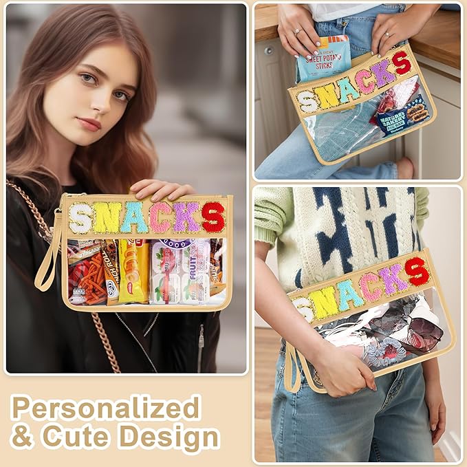 Snack Bag for Travel - Clear Chenille Varsity Letter Flat Pouch with Zipper, 12.2×8.46 inch Waterproof Clear Nylon Preppy Patch Makeup Cosmetic tote Bags for Women Girls