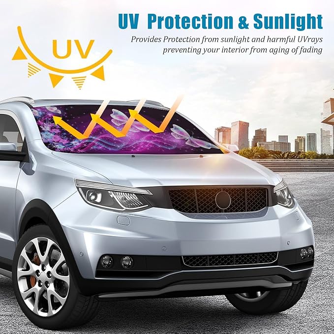 Purple Butterfly Car Windshield Sun Shade Foldable Sunshade Front Window Cover Sun Visor Protector Accessories (59x27.5 inches)