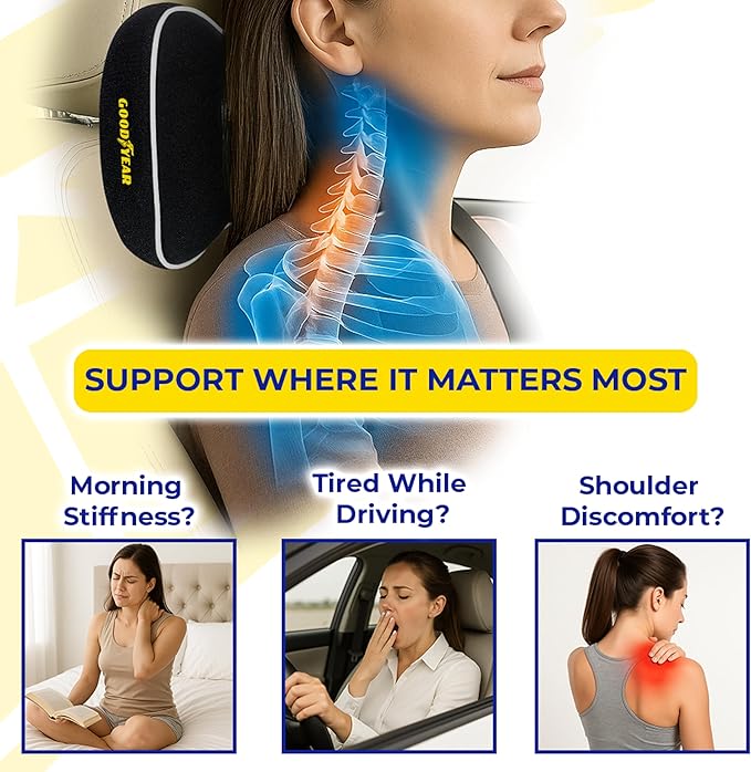 Goodyear Car Neck Pillow, Soft Memory Foam Headrest Pillow for Driving, Ergonomic Car Seat Headrest Cushion with Adjustable Strap, Breathable & Removable Cover, Neck Pain Relief, Black