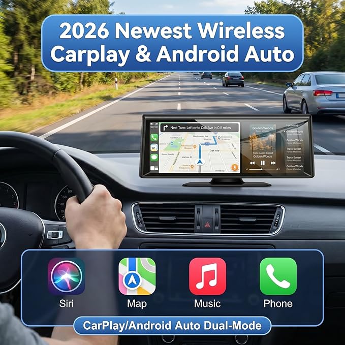 Wireless CarPlay Screen 8.1" Portable Car Stereo with CarPlay iOS & Android Auto 2K Dash Cam 1080P Backup Camera Bluetooth Voice Control GPS Compatible with Most Cars Trucks SUVs Vans
