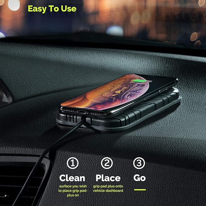 10 W Fast Charge Wireless Charging Grip Pad Plus - Wireless Car Charger and Phone Holder for Car - Qi Wireless Charger Sticks to All Automotive Dashboards – Simplest Car Phone Mount Available (Black)