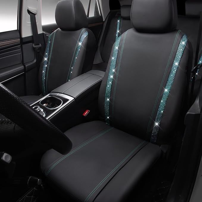 CAR PASS Bling Car Seat Covers Full Set, Shining Rhinestone Diamond Waterproof Faux Leather Universal Fit 95% Automotive Glitter Crystal Sparkle Strips for Cute Women Girl, Full Set (Mint Diamond)