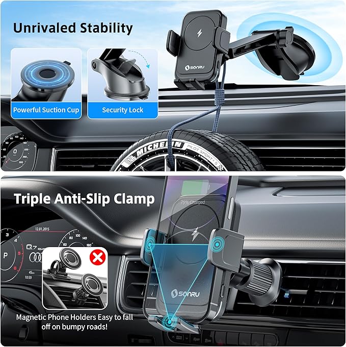 SONRU Car Phone Holder Wireless Charger, Qi 15W Wireless Car Charger Fast Charging Auto Clamping Car Charger Mount Suction Holder Dashboard Air Vent for iPhone 16/15/14/13/12/11, Samsung S25/24