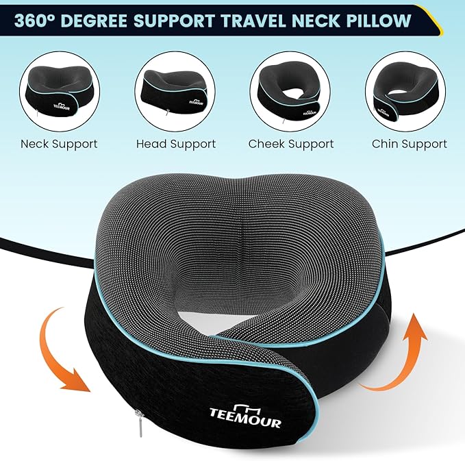 Travel Pillow Neck Pillow for Airplane Travel Essentials - Memory Foam Travel Neck Pillow, Stops Head Bobbing With Eye Mask & Earplugs, Portable Carry Bag for Long Flights| Airplane Accessories Black