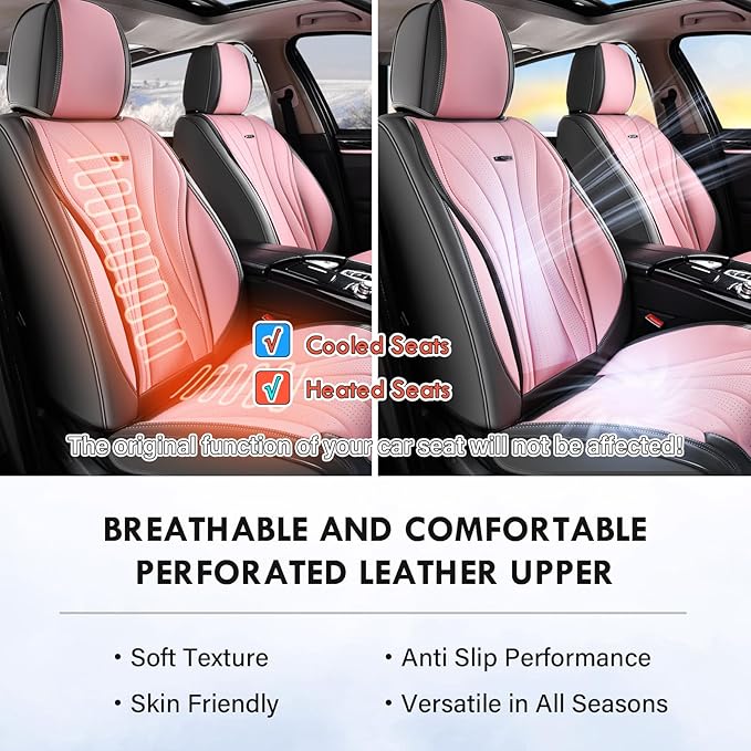 Coverado Front Seat Covers, Luxury Leather Seat Covers for Cars, Automotive Seat Cover, Car Seat Protector Waterproof, Premium Car Seat Covers Car Seat Cushions Universal Fit for Most Cars (Gray&Pink)