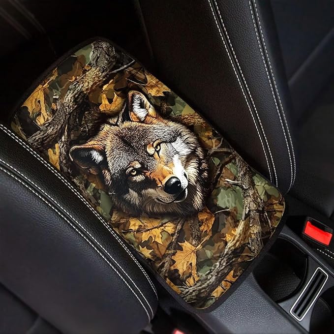 Leaves Wolf Console Center Armrest Lid Cover Protector Car Armrest Storage Box Mat Interior Accessories for Most Vehicle, SUV