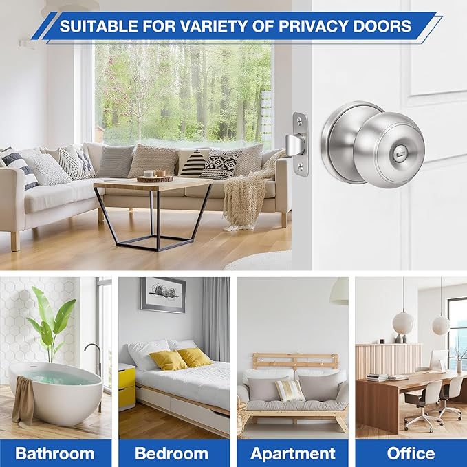 Plustool 8 Pack Brushed Nickel Door Knobs,Privacy Door Knob with Lock, Interior Doorknobs Silver, Keyless Door Locks Set for Bedrooms Bathrooms, Reversible for Left/Right Door Handle