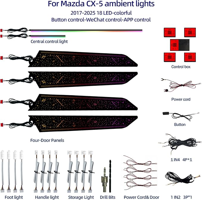 256-Color Interior Ambient Lighting Kit for Mazda CX-5 2017-2025 | 4 Door Panels + LED Strips + Footwell & Handle Lights | Music Sync, APP & Button Control