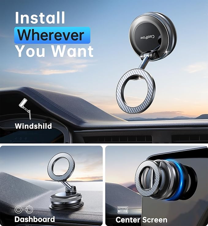 Coolpow【Newest Vacuum Magnetic Phone Holder for Car Phone Holder Mount【Movable Vacuum Suction】 Magsafe Car Mount Cell Phone Holders for Your Car Accessories for Women Men for iPhone 17 16 15 14 Kits