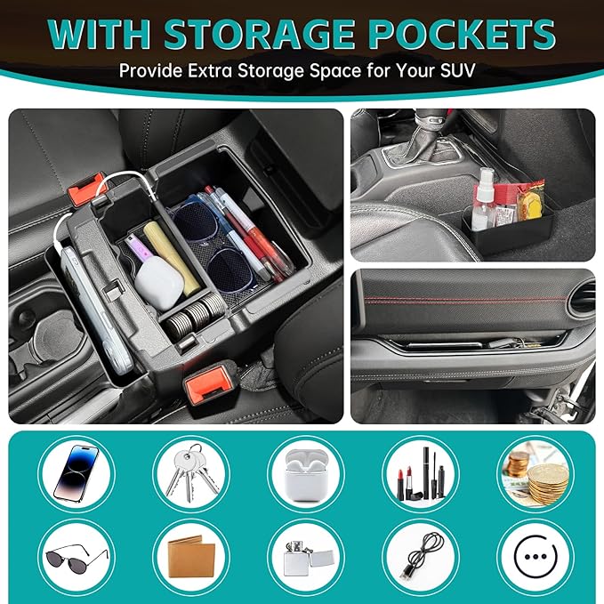 4PCS Center Console Organizer Combo Kit Compatible with 2018-2023 Jeep Wangler JL JLU 4xe Rubicon Sahara & Gladiator JT Accessories, Armrest Storage Box Set & Grab Bar Tray & Gear Shift Tray