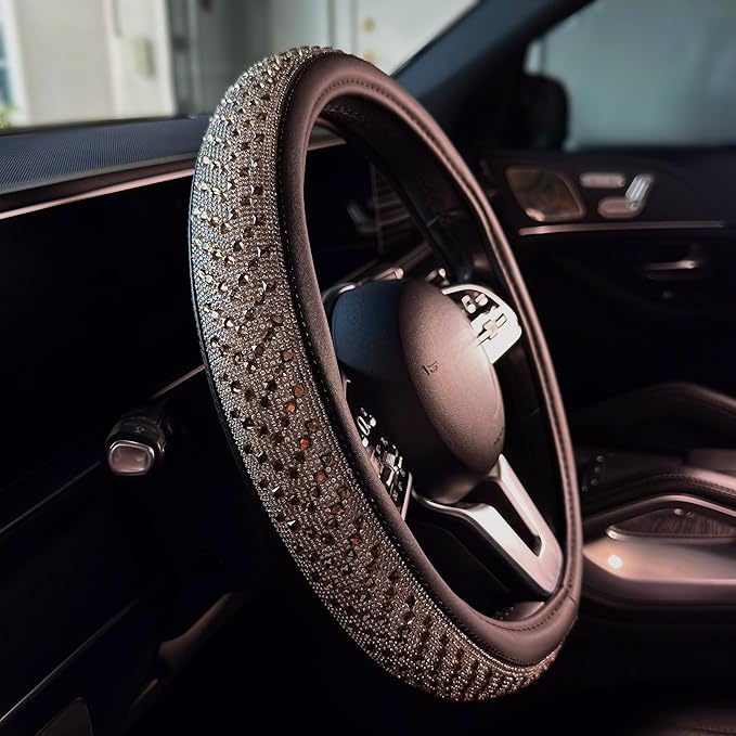 Lord AutoFashion 15 Inch Luxury Universal Steering Wheel Cover Rhinestone Crystals Anti-Slip Microfiber Leather for Women Girls Men Boys Car Accessory Bling Diamonds Gold (JX06)