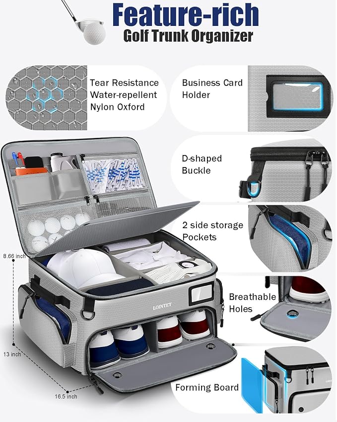 LOINTET Golf Trunk Organizer, Waterproof Car Golf Locker with Separate Ventilated Compartment for 2 Pair Shoes, Golf Storage for Balls, Tees, Cap, Clothes, Gloves, Accessories, Gifts for Men, Women