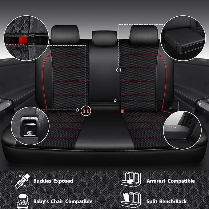 CAR PASS Mesh Leather Car Seat Covers Full Set,Breathable Mesh Faux Leather Seat Covers for Car, Universal Fit for SUV Truck Sedan Automotive, Airbag Compatible, Black and Red