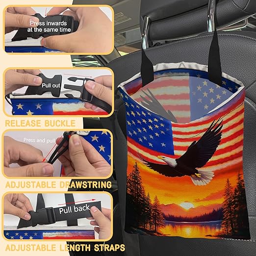 Bald Eagle on American Flag Car Trash Bag,Sunset Mountain Forest Hanging Drawstring Car Garbage Bag,Canvas Car Back Seat Organizer with Adjustable Buckle for Men and Women