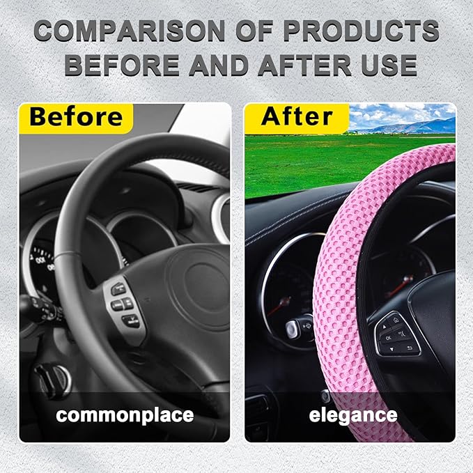 Kewucn Car Elastic Stretch Steering Wheel Cover, Soft Microfiber Breathable Ice Silk, Universal 15 Inch Anti-Slip Auto Steering Wheel Protector, Fit Car, SUV, Van, Sedan, Truck (Pink)