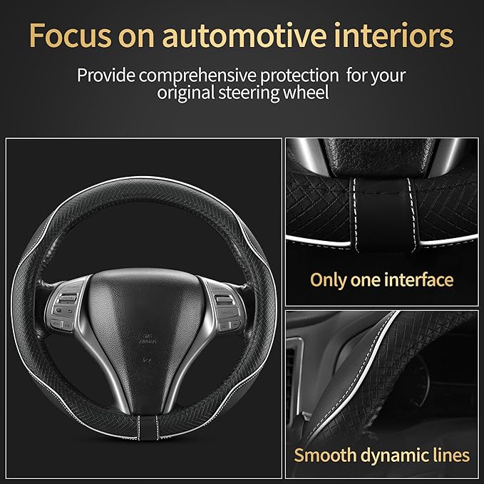 Leather Car Steering Wheel Cover,Anti-Slip, Safety,Soft,Breathable,Heavy Duty,Thick,Full Surround, Sports Style,Universal Car Accessories for Women Men Fit 14" 1/2-15"(Black with White line)