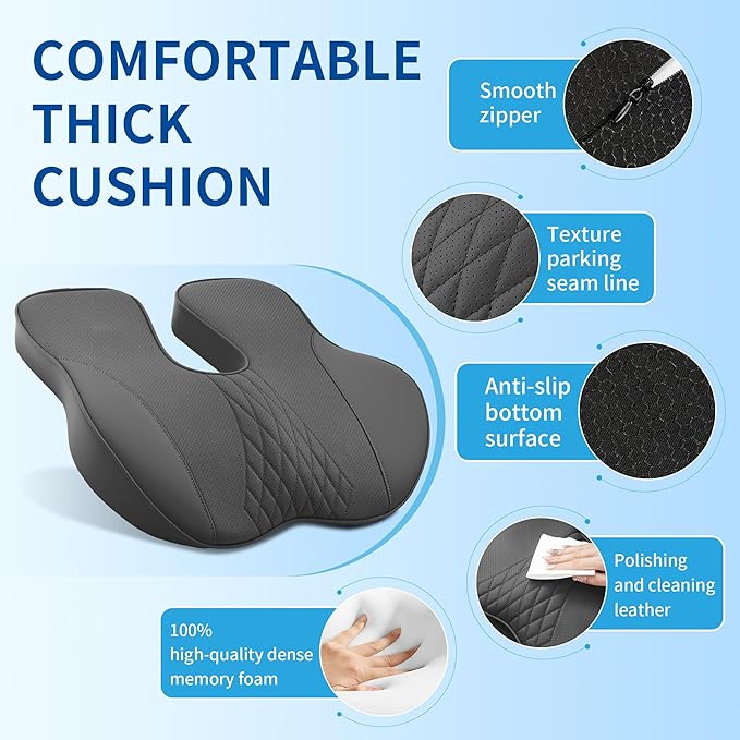 Leather Adult Booster Car Seat Cushion, Effectively Increase Height by 3.96 inch, Dense Memory Foam for Hip Tailbone Coccyx Sciatica Seat Cushion Donut Pillow Seat Cushion for Hemorrhoid (Black)