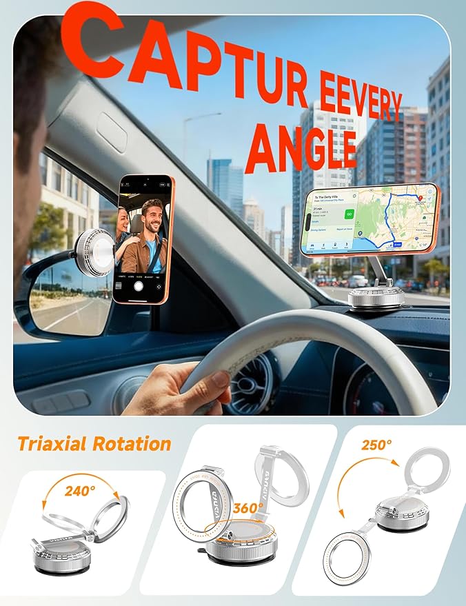 Pure Zinc Alloy Vacuum Magnetic Phone Holders for Your Car [105+LBS Suction & 3800gf Magnetic] 360° Adjustable Magsafe Car Phone Holder Mount for iPhone 17 16 15 14 13 12 Series & Android