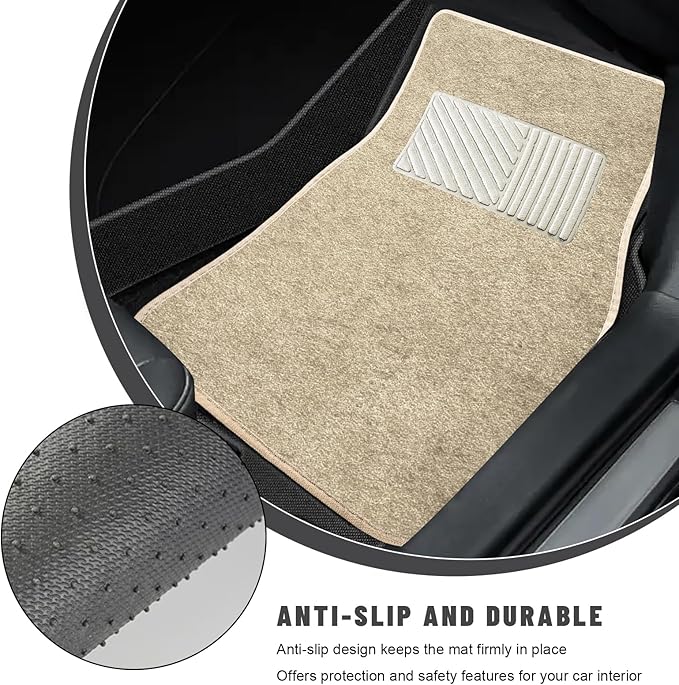 Sun Walker 4 PCS Car Floor Mats, Waterproof Anti-Slip Front & Rear Car Carpets with Driver Heel Pad, All Weather Floor Protective Pads Universal for SUVs Trucks Sedans Vans (Beige)