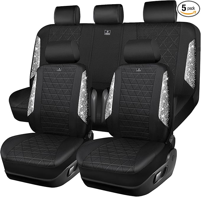 CAR PASS Oxford Bling Diamond Car Seat Covers Full Set Interior Sets, Waterproof Shining Glitter Sparkly Crystal Universal Armrest Fit 95% Automotive Truck SUV Cute Women Girl, Black Silver Rhinestone