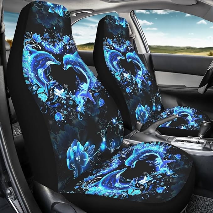 BIGCARJOB Neon Dolphin Car Seat Cover Set of 2 Pcs - Cute Dolphin Print Auto Interior Accessories, Vehicle Bucket Seat Protector, Front Seat Cushion Pads, Universal Fit